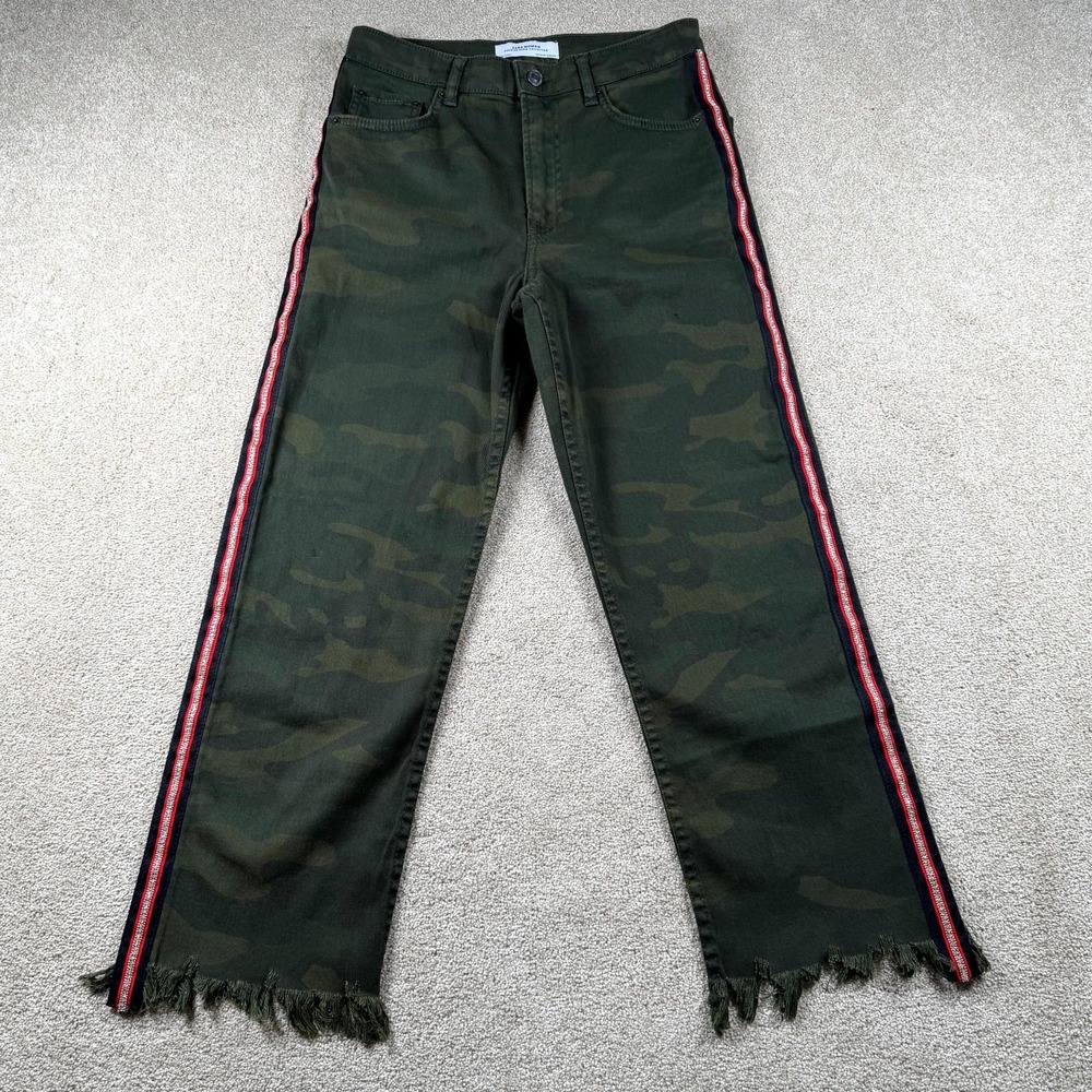 Zara Premium Denim Straight Jeans Womens 2 Green Camouflage Mid Rise Frayed Hem